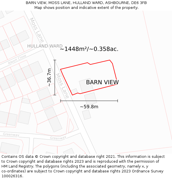 BARN VIEW, MOSS LANE, HULLAND WARD, ASHBOURNE, DE6 3FB: Plot and title map