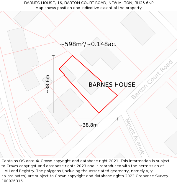 BARNES HOUSE, 16, BARTON COURT ROAD, NEW MILTON, BH25 6NP: Plot and title map