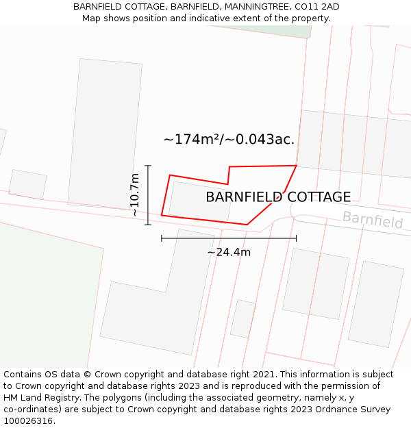 BARNFIELD COTTAGE, BARNFIELD, MANNINGTREE, CO11 2AD: Plot and title map