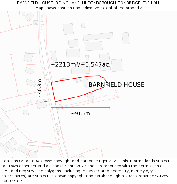 BARNFIELD HOUSE, RIDING LANE, HILDENBOROUGH, TONBRIDGE, TN11 9LL: Plot and title map