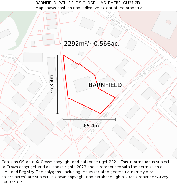 BARNFIELD, PATHFIELDS CLOSE, HASLEMERE, GU27 2BL: Plot and title map
