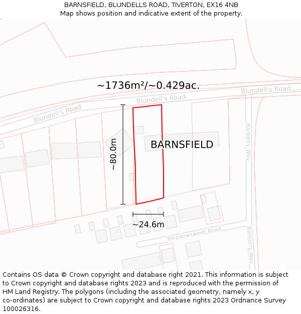 BARNSFIELD, BLUNDELLS ROAD, TIVERTON, EX16 4NB: Plot and title map