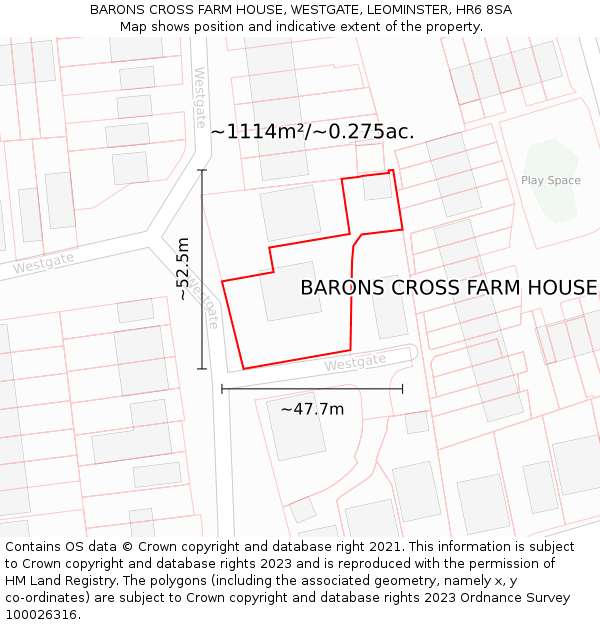 BARONS CROSS FARM HOUSE, WESTGATE, LEOMINSTER, HR6 8SA: Plot and title map