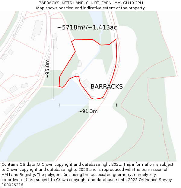 BARRACKS, KITTS LANE, CHURT, FARNHAM, GU10 2PH: Plot and title map
