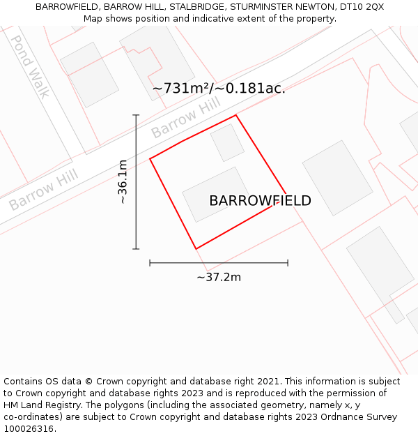 BARROWFIELD, BARROW HILL, STALBRIDGE, STURMINSTER NEWTON, DT10 2QX: Plot and title map