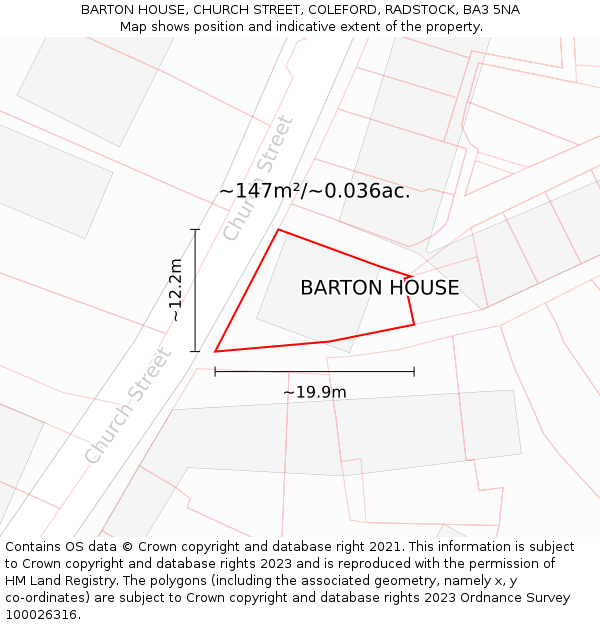 BARTON HOUSE, CHURCH STREET, COLEFORD, RADSTOCK, BA3 5NA: Plot and title map