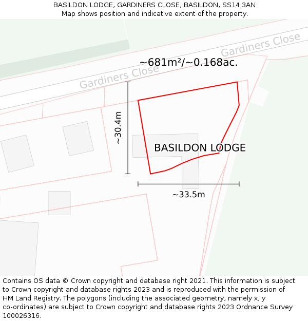 BASILDON LODGE, GARDINERS CLOSE, BASILDON, SS14 3AN: Plot and title map