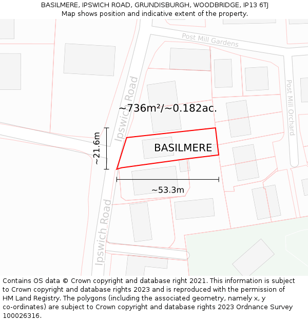 BASILMERE, IPSWICH ROAD, GRUNDISBURGH, WOODBRIDGE, IP13 6TJ: Plot and title map