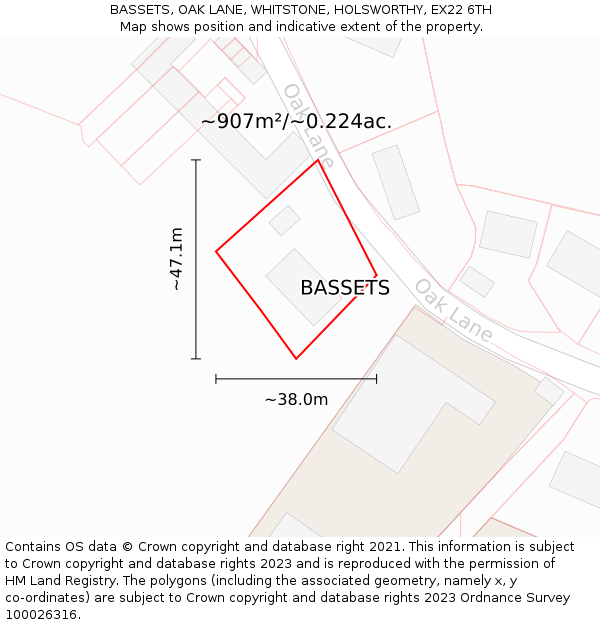 BASSETS, OAK LANE, WHITSTONE, HOLSWORTHY, EX22 6TH: Plot and title map