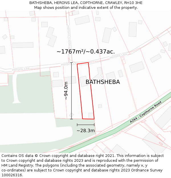 BATHSHEBA, HERONS LEA, COPTHORNE, CRAWLEY, RH10 3HE: Plot and title map