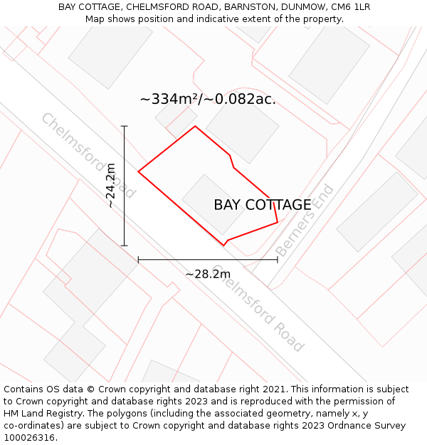 BAY COTTAGE, CHELMSFORD ROAD, BARNSTON, DUNMOW, CM6 1LR: Plot and title map