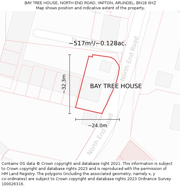 BAY TREE HOUSE, NORTH END ROAD, YAPTON, ARUNDEL, BN18 0HZ: Plot and title map