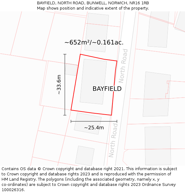 BAYFIELD, NORTH ROAD, BUNWELL, NORWICH, NR16 1RB: Plot and title map