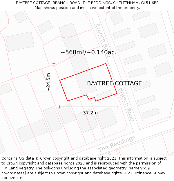 BAYTREE COTTAGE, BRANCH ROAD, THE REDDINGS, CHELTENHAM, GL51 6RP: Plot and title map