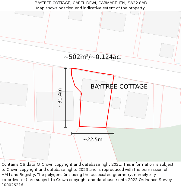 BAYTREE COTTAGE, CAPEL DEWI, CARMARTHEN, SA32 8AD: Plot and title map