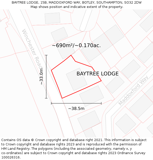 BAYTREE LODGE, 15B, MADDOXFORD WAY, BOTLEY, SOUTHAMPTON, SO32 2DW: Plot and title map