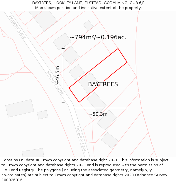 BAYTREES, HOOKLEY LANE, ELSTEAD, GODALMING, GU8 6JE: Plot and title map