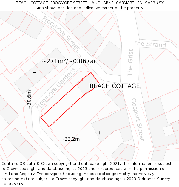BEACH COTTAGE, FROGMORE STREET, LAUGHARNE, CARMARTHEN, SA33 4SX: Plot and title map