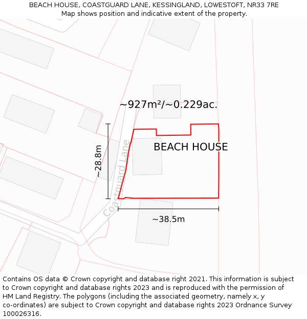 BEACH HOUSE, COASTGUARD LANE, KESSINGLAND, LOWESTOFT, NR33 7RE: Plot and title map