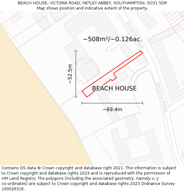 BEACH HOUSE, VICTORIA ROAD, NETLEY ABBEY, SOUTHAMPTON, SO31 5DR: Plot and title map
