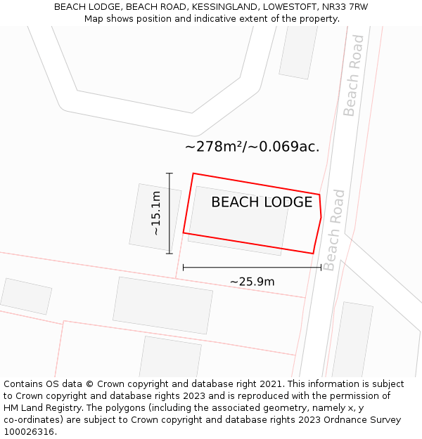 BEACH LODGE, BEACH ROAD, KESSINGLAND, LOWESTOFT, NR33 7RW: Plot and title map