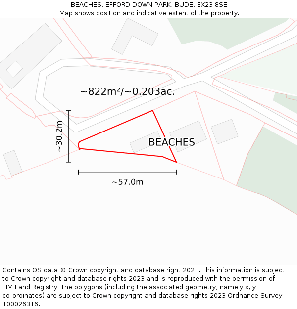 BEACHES, EFFORD DOWN PARK, BUDE, EX23 8SE: Plot and title map
