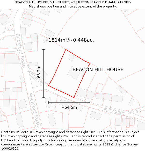 BEACON HILL HOUSE, MILL STREET, WESTLETON, SAXMUNDHAM, IP17 3BD: Plot and title map