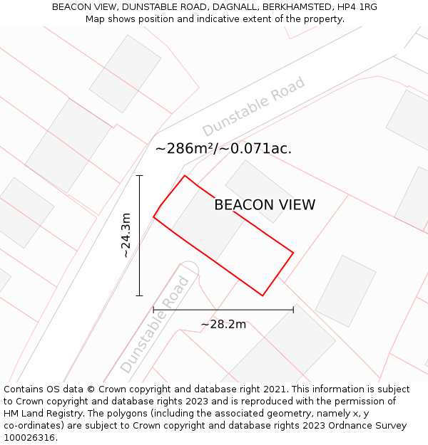 BEACON VIEW, DUNSTABLE ROAD, DAGNALL, BERKHAMSTED, HP4 1RG: Plot and title map