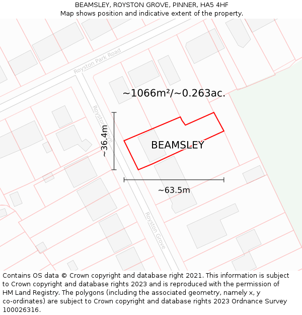 BEAMSLEY, ROYSTON GROVE, PINNER, HA5 4HF: Plot and title map