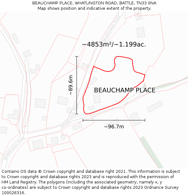 BEAUCHAMP PLACE, WHATLINGTON ROAD, BATTLE, TN33 0NA: Plot and title map