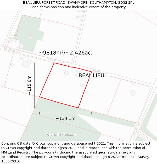 BEAULIEU, FOREST ROAD, SWANMORE, SOUTHAMPTON, SO32 2PL: Plot and title map