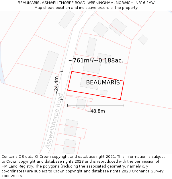 BEAUMARIS, ASHWELLTHORPE ROAD, WRENINGHAM, NORWICH, NR16 1AW: Plot and title map