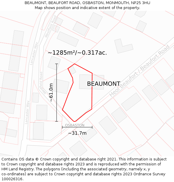 BEAUMONT, BEAUFORT ROAD, OSBASTON, MONMOUTH, NP25 3HU: Plot and title map