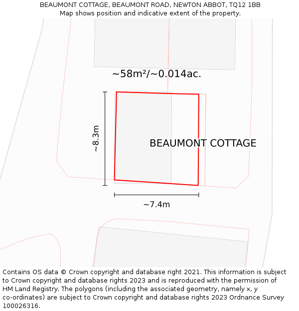 BEAUMONT COTTAGE, BEAUMONT ROAD, NEWTON ABBOT, TQ12 1BB: Plot and title map