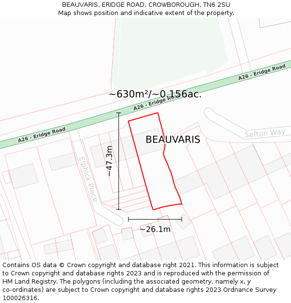 BEAUVARIS, ERIDGE ROAD, CROWBOROUGH, TN6 2SU: Plot and title map
