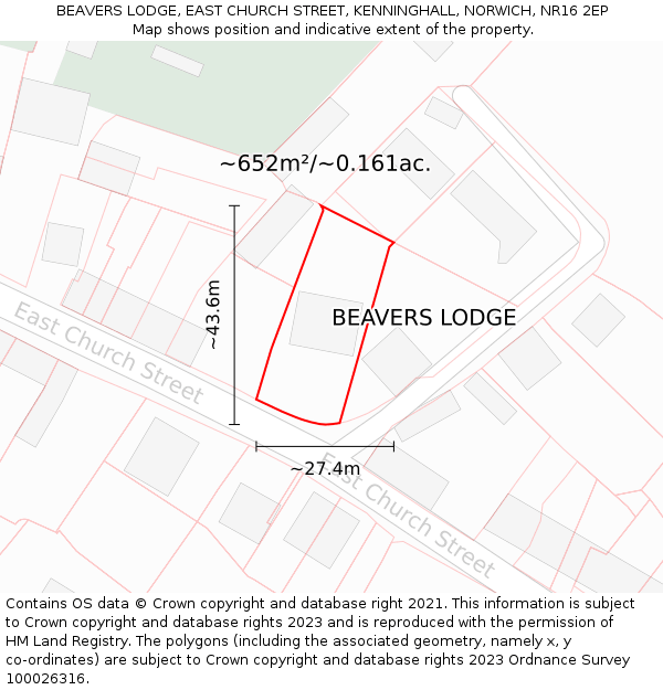 BEAVERS LODGE, EAST CHURCH STREET, KENNINGHALL, NORWICH, NR16 2EP: Plot and title map
