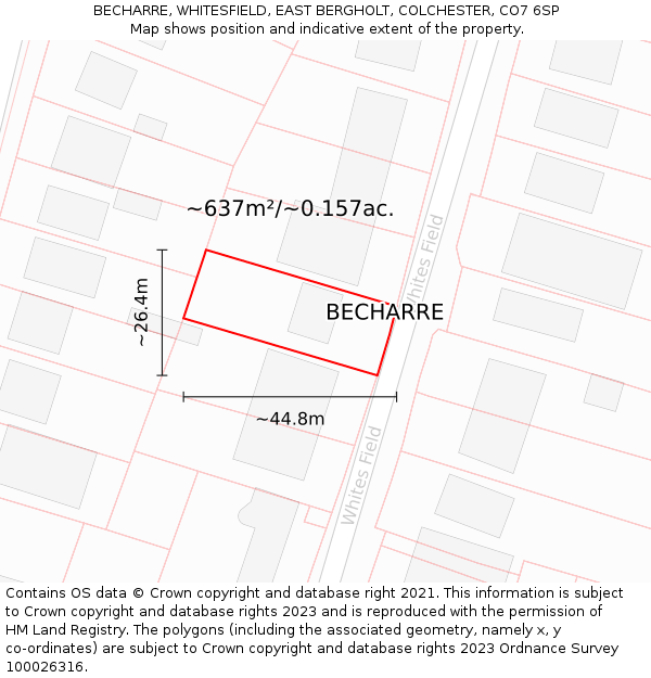 BECHARRE, WHITESFIELD, EAST BERGHOLT, COLCHESTER, CO7 6SP: Plot and title map