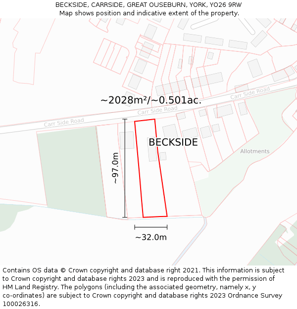 BECKSIDE, CARRSIDE, GREAT OUSEBURN, YORK, YO26 9RW: Plot and title map