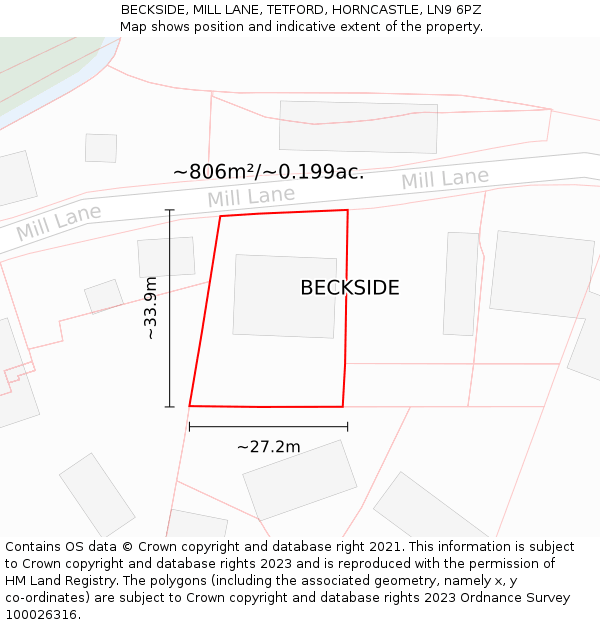 BECKSIDE, MILL LANE, TETFORD, HORNCASTLE, LN9 6PZ: Plot and title map