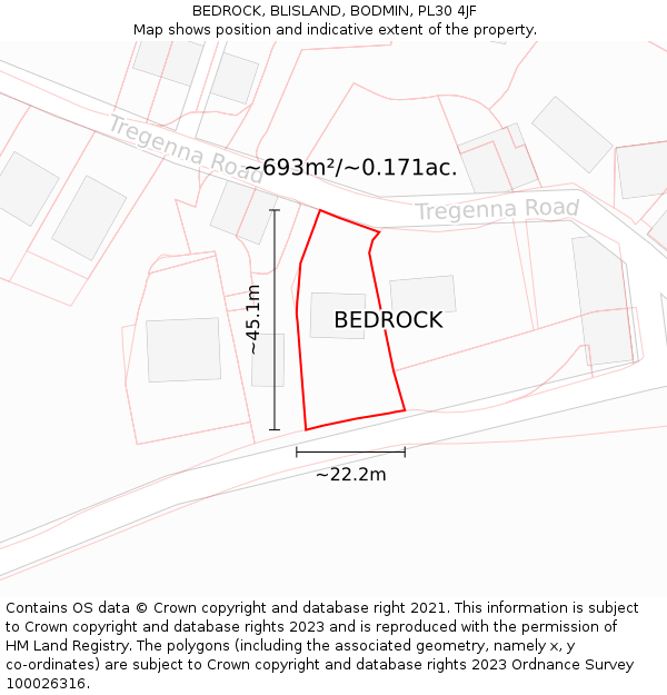 BEDROCK, BLISLAND, BODMIN, PL30 4JF: Plot and title map