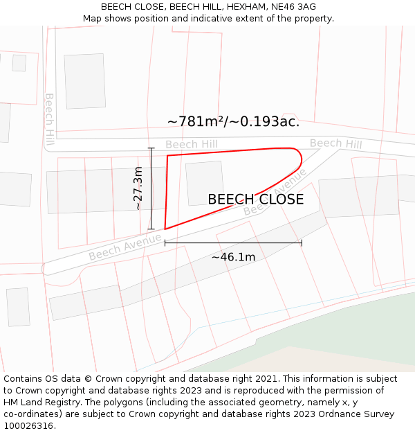 BEECH CLOSE, BEECH HILL, HEXHAM, NE46 3AG: Plot and title map