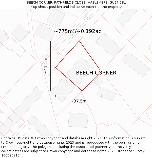 BEECH CORNER, PATHFIELDS CLOSE, HASLEMERE, GU27 2BL: Plot and title map