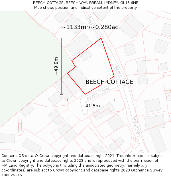 BEECH COTTAGE, BEECH WAY, BREAM, LYDNEY, GL15 6NB: Plot and title map
