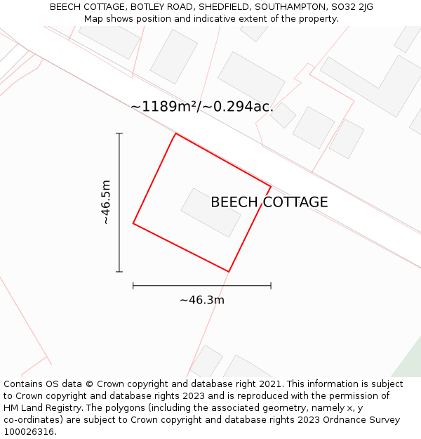 BEECH COTTAGE, BOTLEY ROAD, SHEDFIELD, SOUTHAMPTON, SO32 2JG: Plot and title map