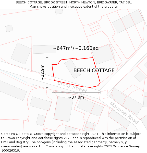 BEECH COTTAGE, BROOK STREET, NORTH NEWTON, BRIDGWATER, TA7 0BL: Plot and title map