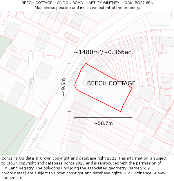 BEECH COTTAGE, LONDON ROAD, HARTLEY WINTNEY, HOOK, RG27 8RN: Plot and title map