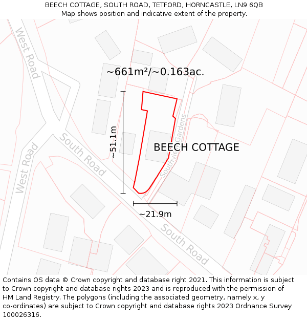 BEECH COTTAGE, SOUTH ROAD, TETFORD, HORNCASTLE, LN9 6QB: Plot and title map