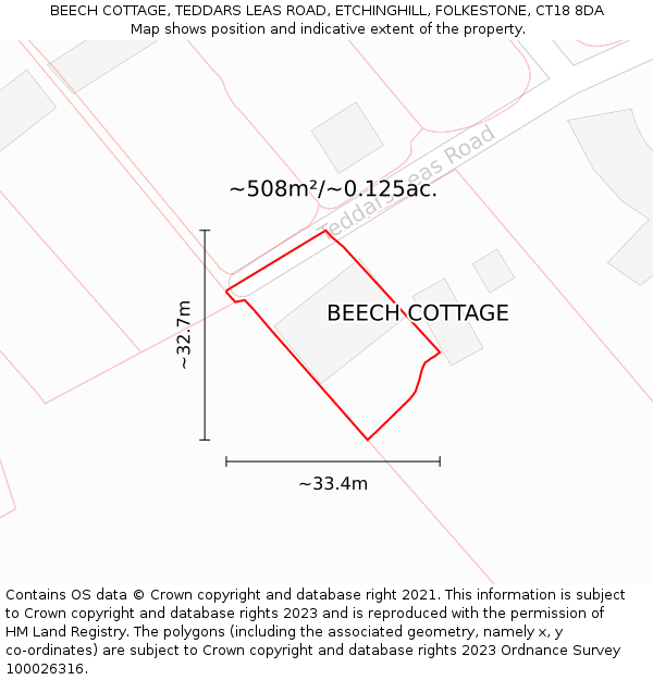 BEECH COTTAGE, TEDDARS LEAS ROAD, ETCHINGHILL, FOLKESTONE, CT18 8DA: Plot and title map