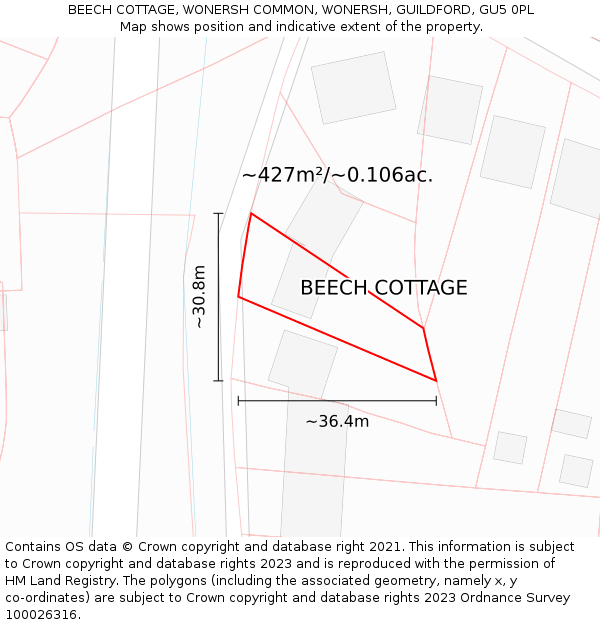 BEECH COTTAGE, WONERSH COMMON, WONERSH, GUILDFORD, GU5 0PL: Plot and title map