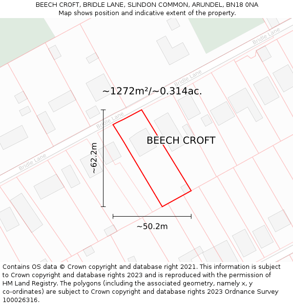BEECH CROFT, BRIDLE LANE, SLINDON COMMON, ARUNDEL, BN18 0NA: Plot and title map